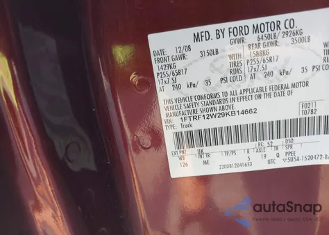 2009 Ford F-150 Xlt из США, поврежденный, VIN 1FTRF12W29KB14662